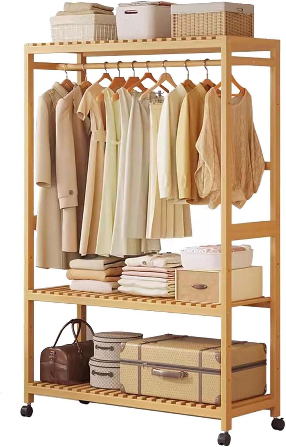 Rolling Clothes Stand, Bamboo Garment Rack Open Wardrobe with 3-tier Storage Shelves, Clothes Hanging Tidy Rail, Shoe Rack, Standing Coat Rack for Clothes Hats Bags