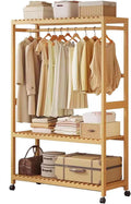 Rolling Clothes Stand, Bamboo Garment Rack Open Wardrobe with 3-tier Storage Shelves, Clothes Hanging Tidy Rail, Shoe Rack, Standing Coat Rack for Clothes Hats Bags