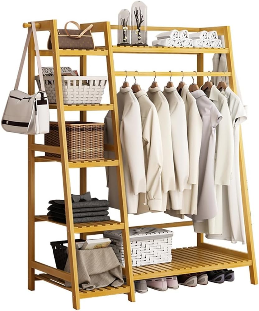 Freestanding Bamboo Clothes Rail Stand, Trapezoid Garment Rack with Hanging Rod, Open Wardrobe Storage for Coats, Dresses & Accessories - Ideal for Bedroom & Hallway
