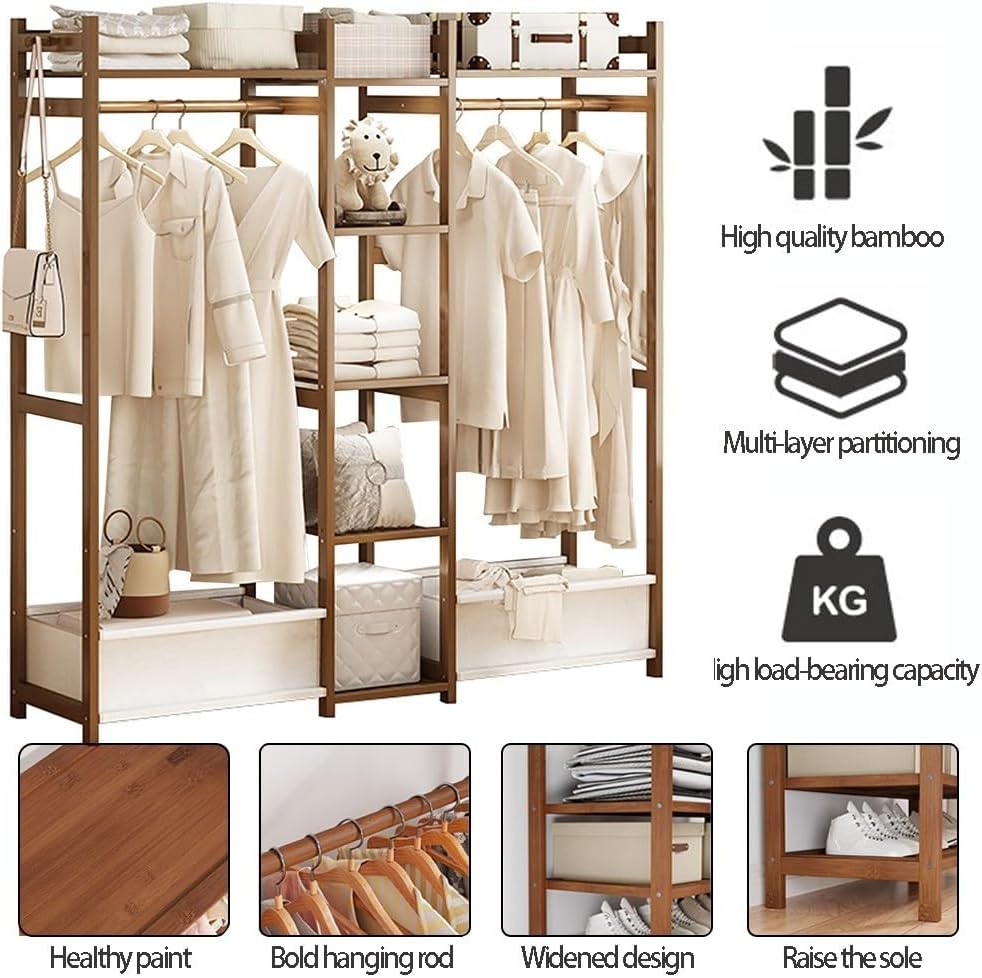Bamboo Garment Rack with 5 Shelves Free Standing Hanging Rails for Clothes Shoes Hats Bedroom Storage nizer Max Load 100kg