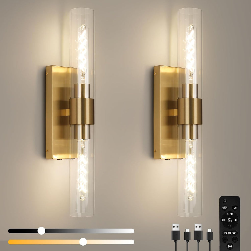 Battery Operated Wall Sconce Set of Two, Rechargeable Wall Sconce, Gold Wall Lamp with Remote Controls, Indoor Non-Hardwired Bedside Wall Sconces, Gold Vanity Light for Bedroom, Hallway, etc