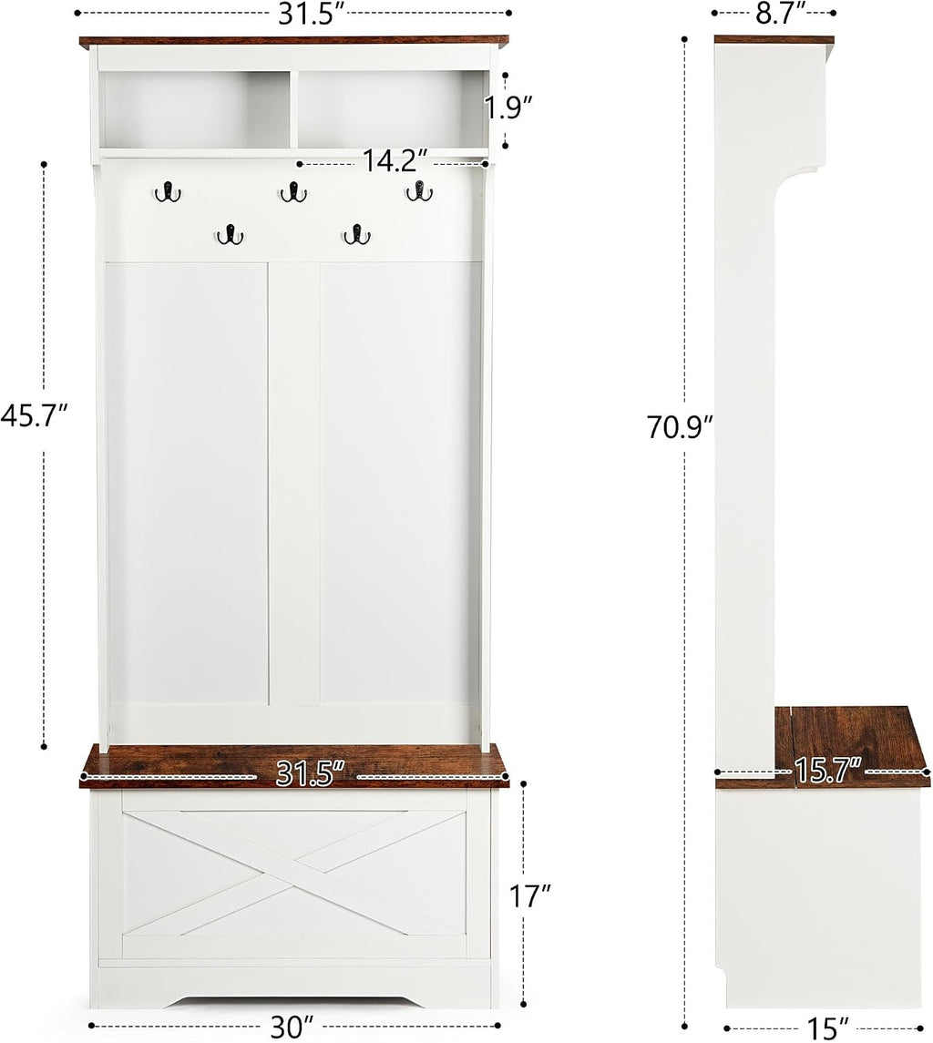CHANCEE Hall Tree with Bench and Storage, Vintage White Coat Rack with 5 Hooks, 2 Shelves, Cabinet, Space-Saving Entryway Wardrobe Organizer for Bedroom, Hallway, or Mudroom