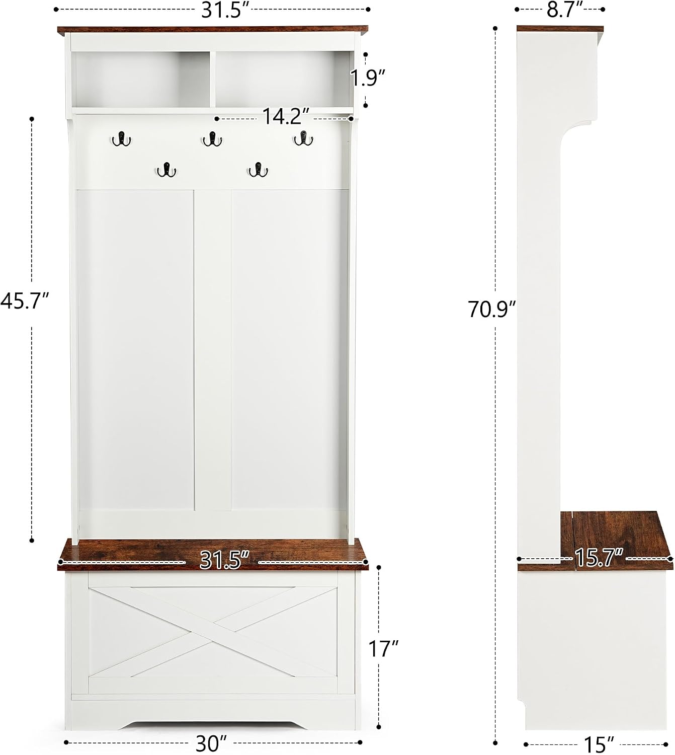 CHANCEE Hall Tree with Bench and Storage, Vintage White Coat Rack with 5 Hooks, 2 Shelves, Cabinet, Space-Saving Entryway Wardrobe Organizer for Bedroom, Hallway, or Mudroom