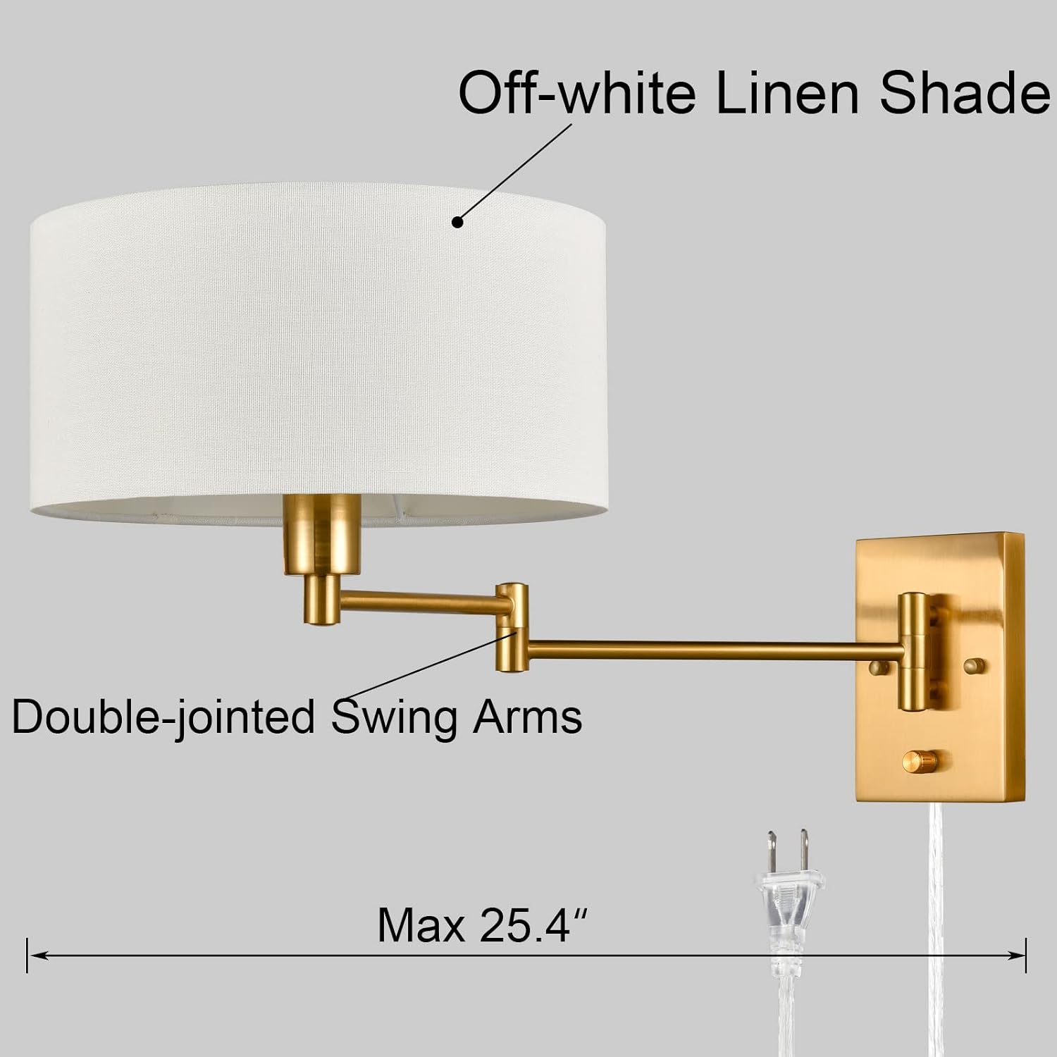 Gold Plug in Wall Sconces Set of Two Brass Swing Arm Wall Lamp Hardwired Wall Sconce with Switch for Bedroom Living Room