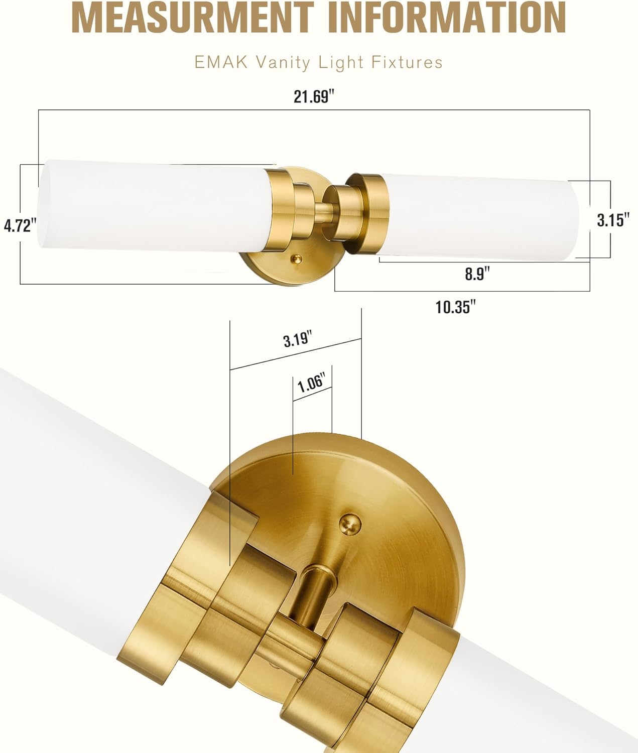 Emak 2 Pack Brushed Gold Bathroom Light Fixtures, 2 Light Bathroom Vanity Light with Milk Glass Shade, 22 Inch Modern Wall Sconce for Bath, Mirror, VL085-BGD-ML-2-PK