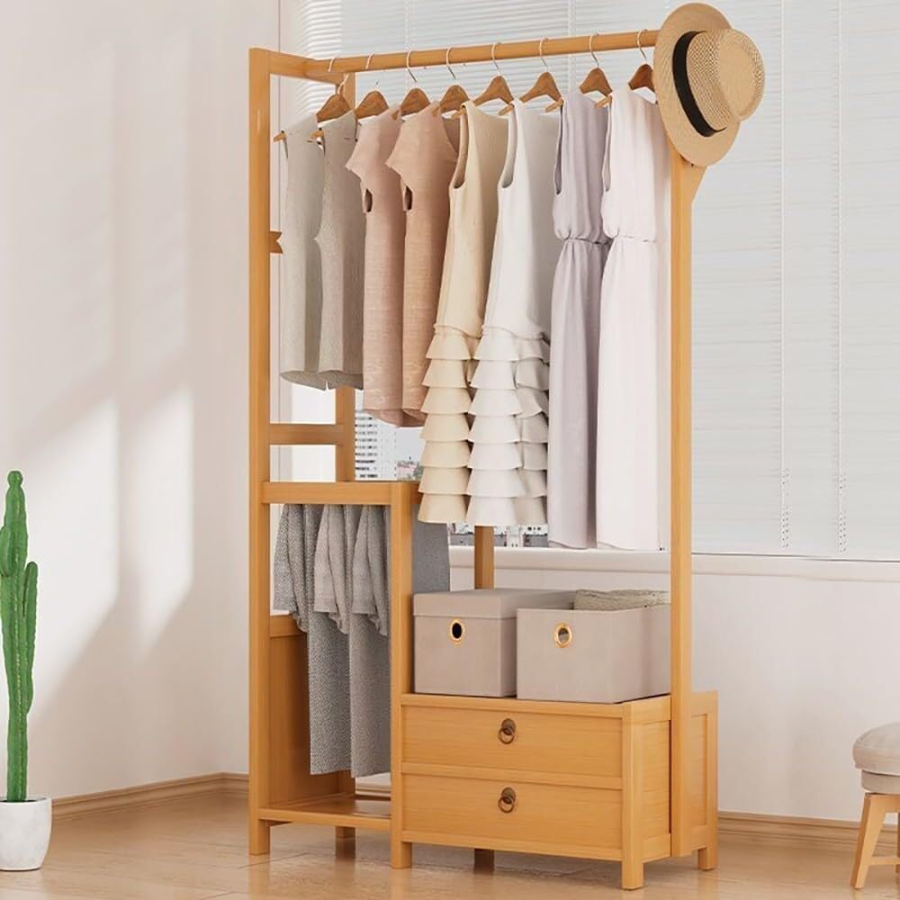 Stylish Bamboo Clothes Rack with Hanging Rod & Storage Shelves – Standing Garment Organizer for Bedroom, Hallway & Entryway Home Décor