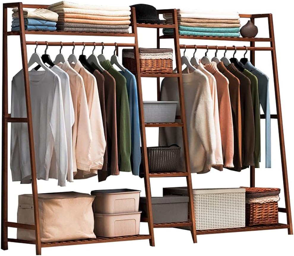 Bamboo Coat Rack - Freestanding Garment Rack with 7 Shelves & Top Rod for Hanging Clothes | Stylish Open Wardrobe Closet, Max Load 220Lbs - Ideal for Bedroom Storage
