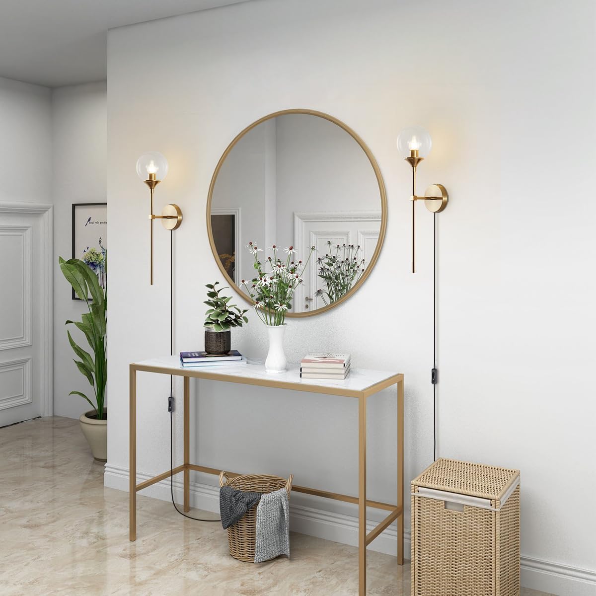 BOKT Modern Long Globe Plug in Wall Sconce Lighting Set of 2 Mid Century Brass Gold Wall Sconce Light Plug in Set of Two Clear Glass Bathroom Bedroom Wall Lamp (Clear-Plug in)