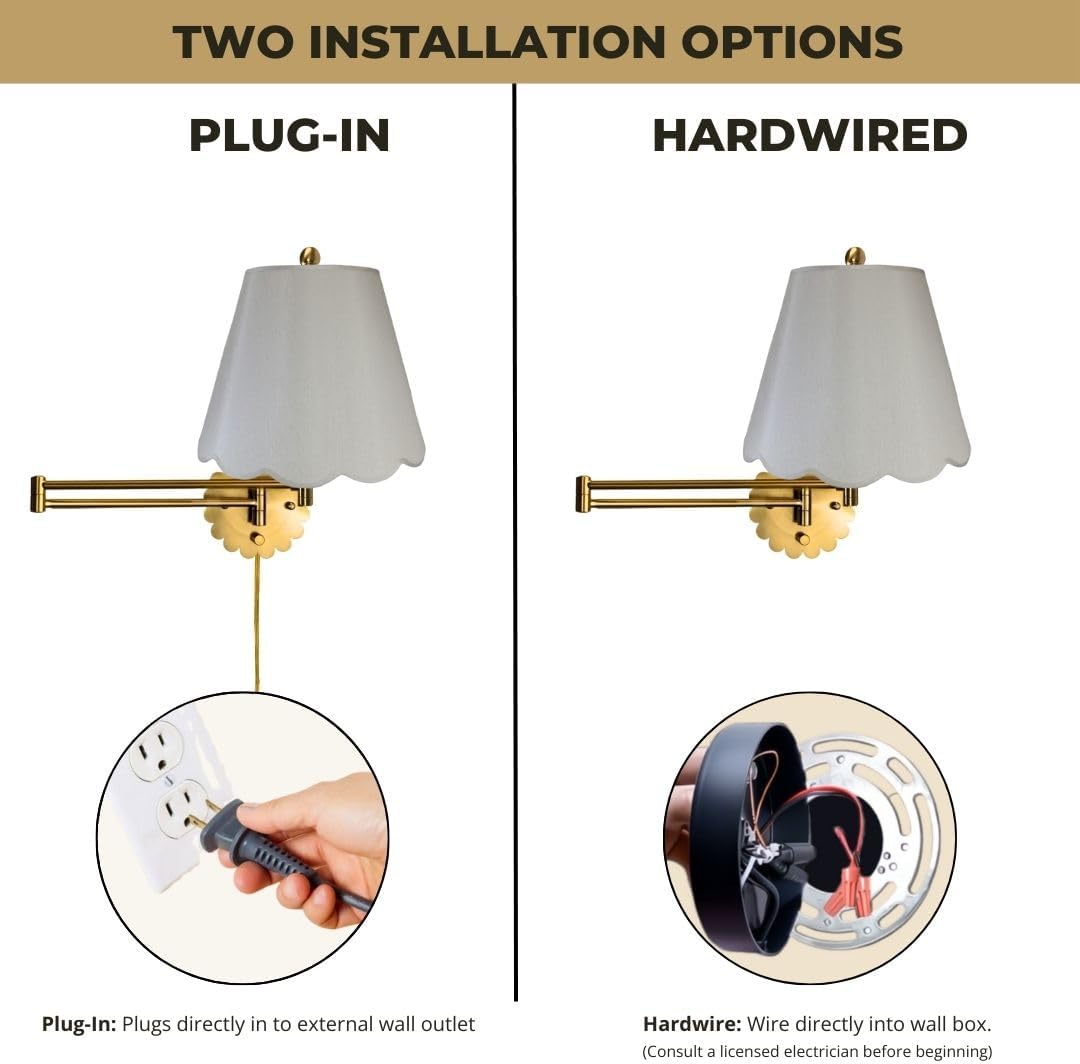 Royal Designs, Inc. Set of 2 Scalloped Swing-Arm Dimmable Wall Lamp - Brushed Satin Brass Lamp with Gray Scallop Hardback Lampshade