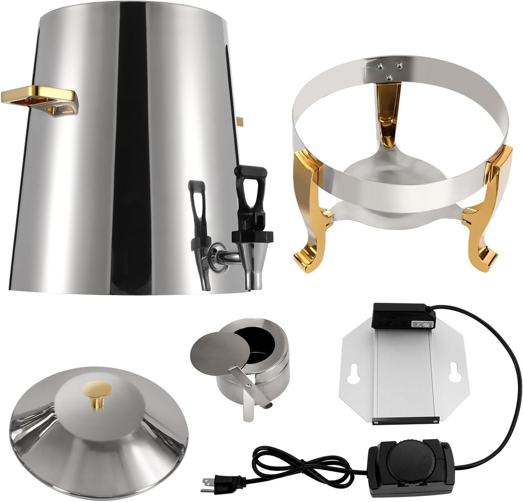 13L Coffee Urn and Hot Beverage Dispenser with Fuel Holder & Heating board, 3.4 Gallon Stainless Steel Drink Dispenser for Hot Drinks, Hot Water Urn for Catering (Silver+Gold)