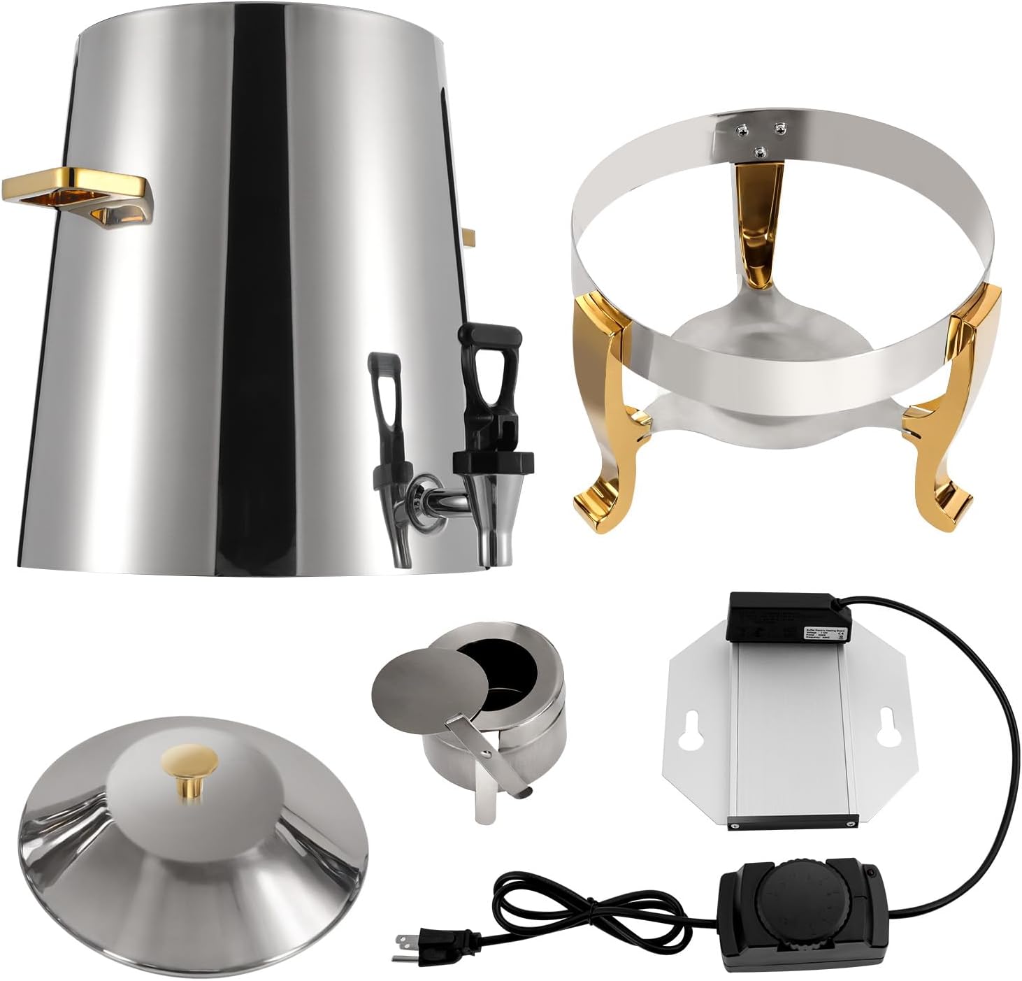 13L Coffee Urn and Hot Beverage Dispenser with Fuel Holder & Heating board, 3.4 Gallon Stainless Steel Drink Dispenser for Hot Drinks, Hot Water Urn for Catering (Silver+Gold)