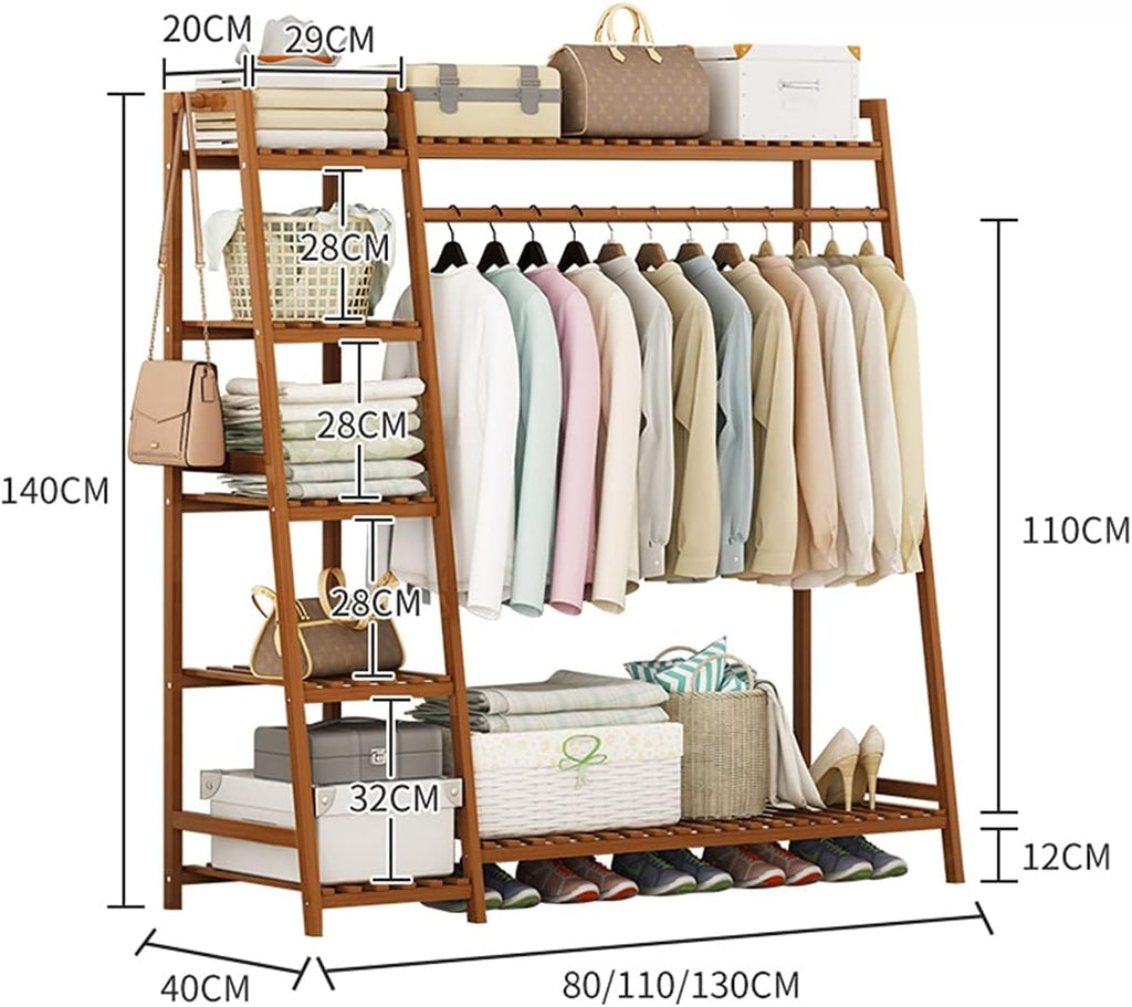 Coat Rack, Strong Bamboo Clothing Garment Rack With 7 Tier Shelves Solid Wood Hanging Clothes Rack Free-Standing Multifunctional Clothing Rack Ladder Design, 80*40*140cm