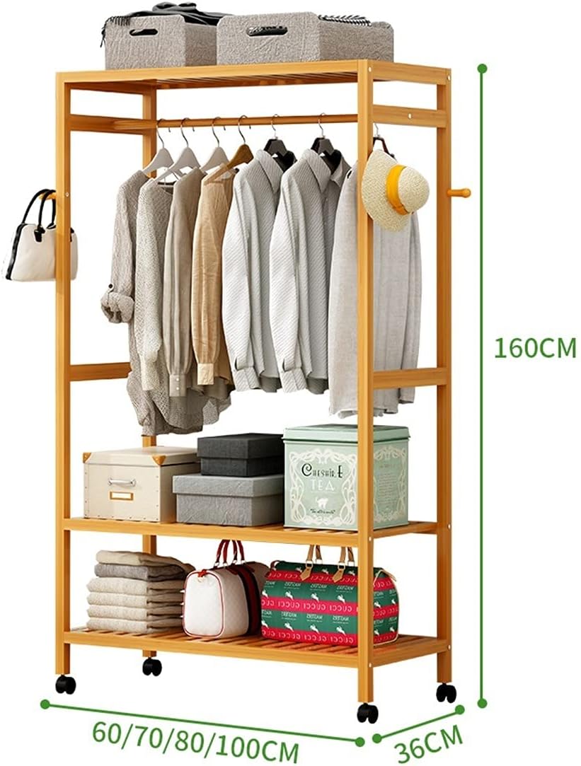 Coat Rack, 3-in-1 Clothes Hanging Rack Bamboo Clothing Rack 360°Rotation Garment Rack With Wheels 4 Side Hooks For Hanging Clothes In Laundry Bedroom Bathroom Etc