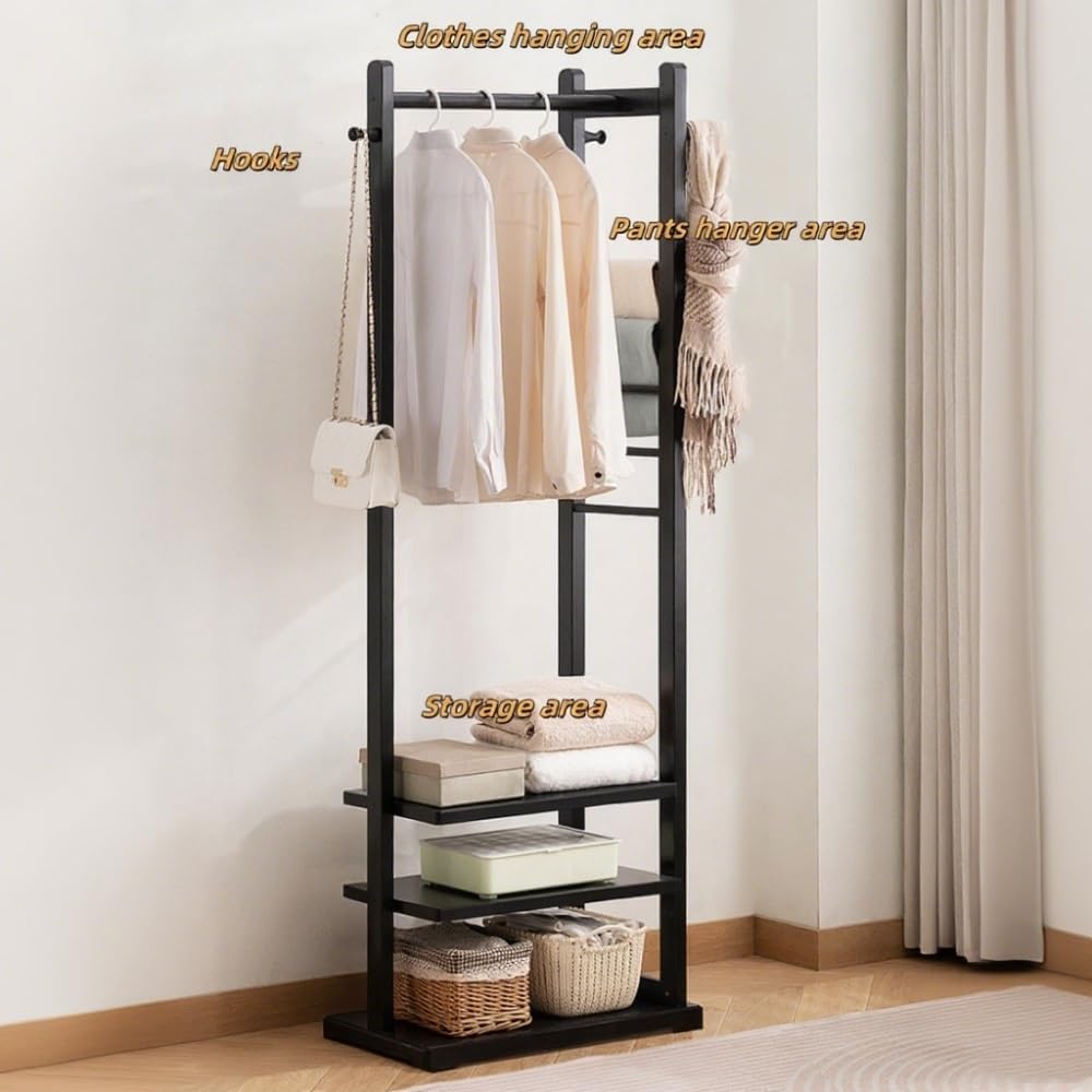 Bamboo Clothing Rack with Shelves and Side Hooks, Freestanding Garment Rack for Hanging Clothes, Floor-Standing Clothes Organizer for Bedroom or Living Room(Natural)