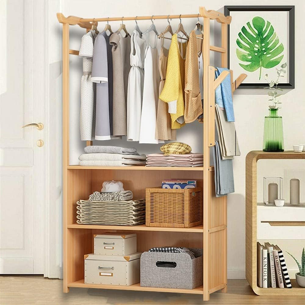 Minimalist Bamboo Garment Rack with Storage Shelf, for Hanging Clothes, for Entryway Bed Room, 90x30x167cm