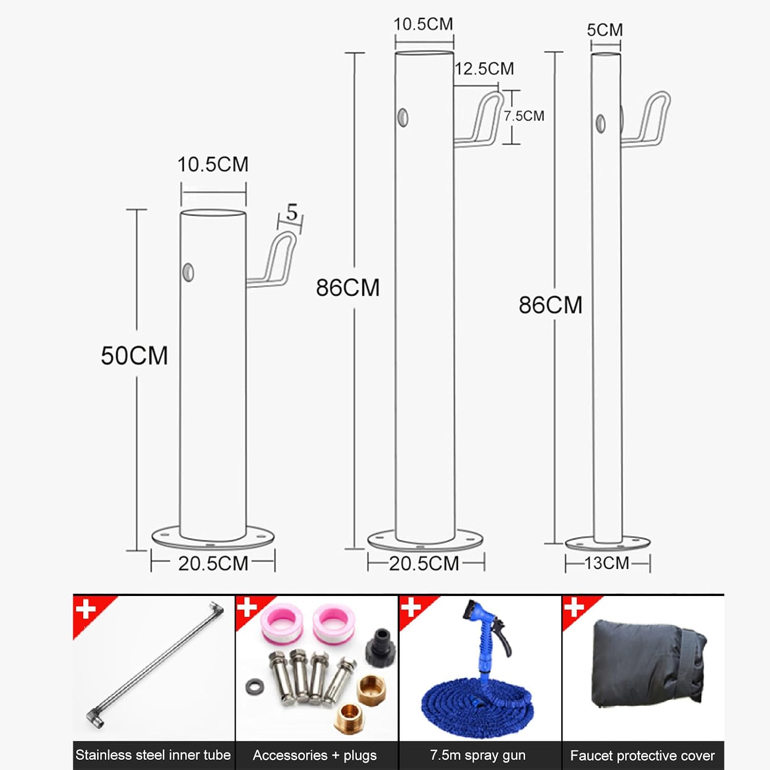 Generic Stainless Steel Garden Water Column with Faucet for Washing and Watering, Outdoor Water Tap Anti-Freezing Fountain and Hose Stand, 20.5×50CM