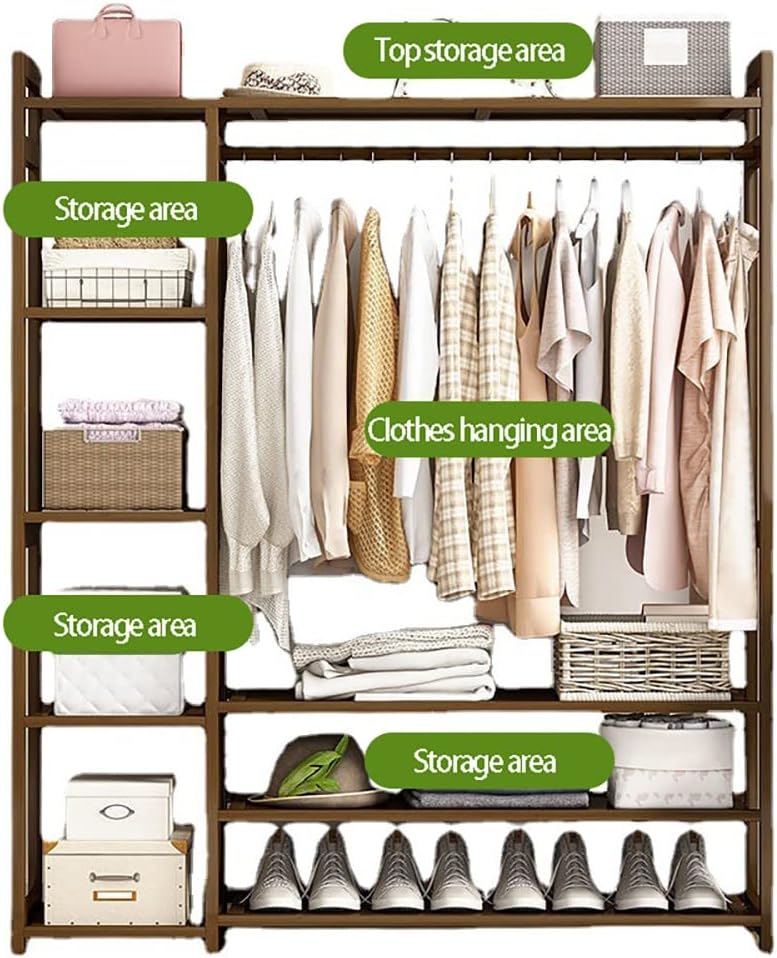Bamboo Clothes Rack with Compartments and Storage Shelves Portable Coat Stand and Hanging Rail for Bedroom and Entryway nizing.