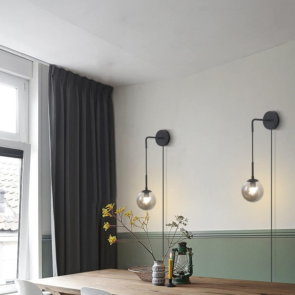 BOKT Modern Smoke Gray Glass Wall Sconce Lighting Set of Two Plug in Cord Mid Century Matte Black Wall Light Fixture Set of 2 Plug in Vanity Globe Bathroom Wall Lamp (Smoke Gray)