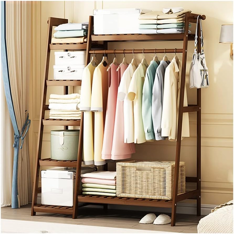 Strong Bamboo Garment Rack, with 7 Tier Shelves, Free-Standing Multifunctional Hanging Clothes Rack, Easy Assemble,100 * 42 * 140cm