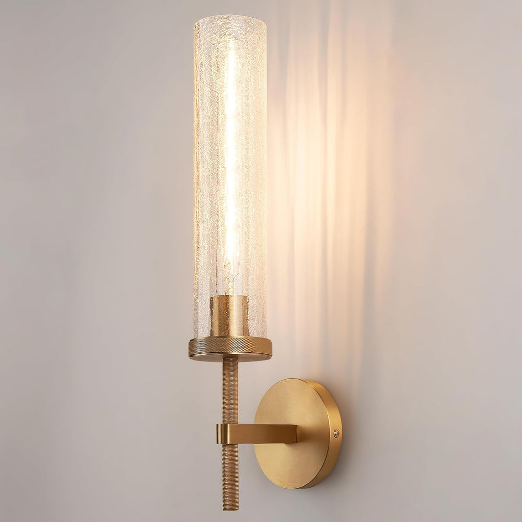 19.5' Knurled Brass Wall Sconce with Crackle Glass Tube, Gold Bathroom Vanity Light Fixtures, Modern Lamp Lighting for Bedroom, Living Room, Hallway, Staircase, Mirror, Kitchen