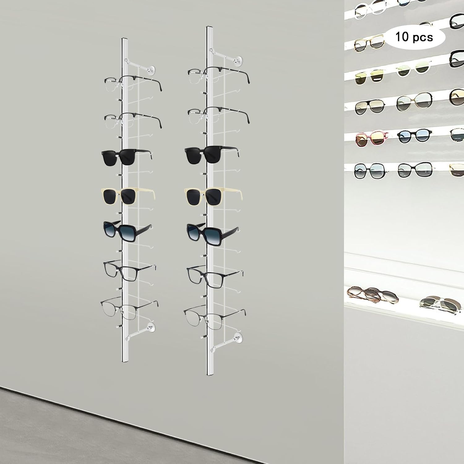 10Pcs of Set Wall-Mounted Eyeglasses Display Rack Sunglasses Display Stand Holder Aluminum Alloy Eyewear Sunglasses Storage Organizer
