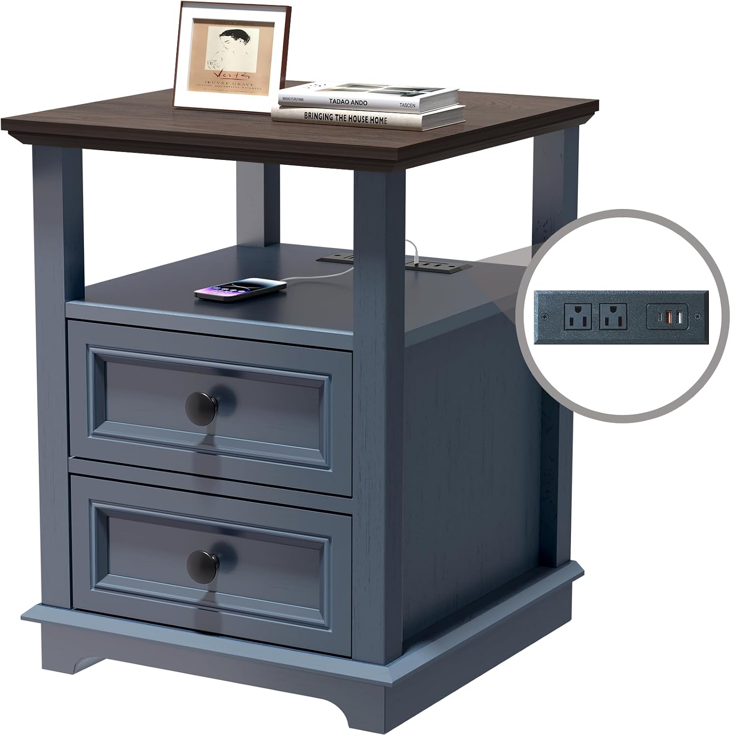 REDAYFUR 24' Tall Nightstand with Charging Station, 18' Bedside Table with Drawers,Rustic Wooden Storage Cabinet with Open Shelf for Bedroom,Blue