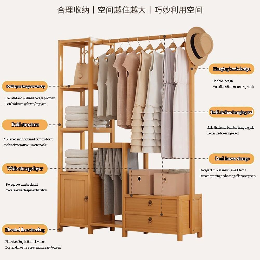 Bamboo Clothes Rack with Hanging Rod & Storage Shelves, Free Standing Garment Hanger for Bedroom, Hallway & Closet, Durable Open Wardrobe nizer, Eco-Friendly Design