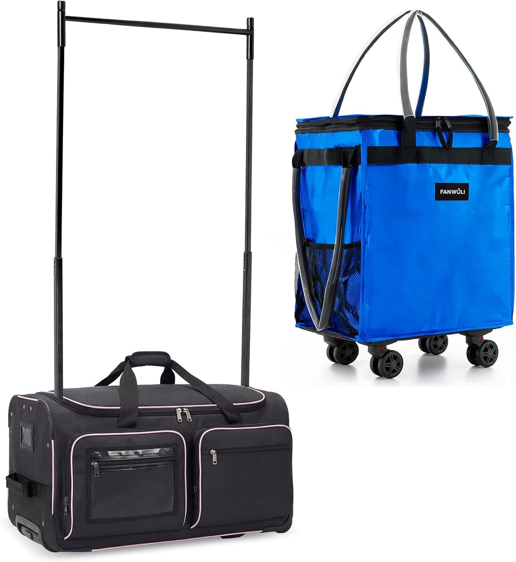 Fanwoli Dancer's Mobile Combo:80L Reusable Grocery Bag on Wheels + 23' Dance Bag with Garment Rack|Upgrade Stability, Simplify Your Move| Ideal for Competitions, Rehearsals & Daily Errands