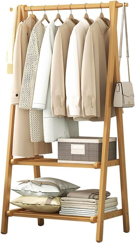 Double Layer Bamboo Clothes Rack with 160cm Hanging Rail & Storage Shelf, Lightweight Foldable Garment Stand for Bedroom, Coat nizer - L:66/86/116CM