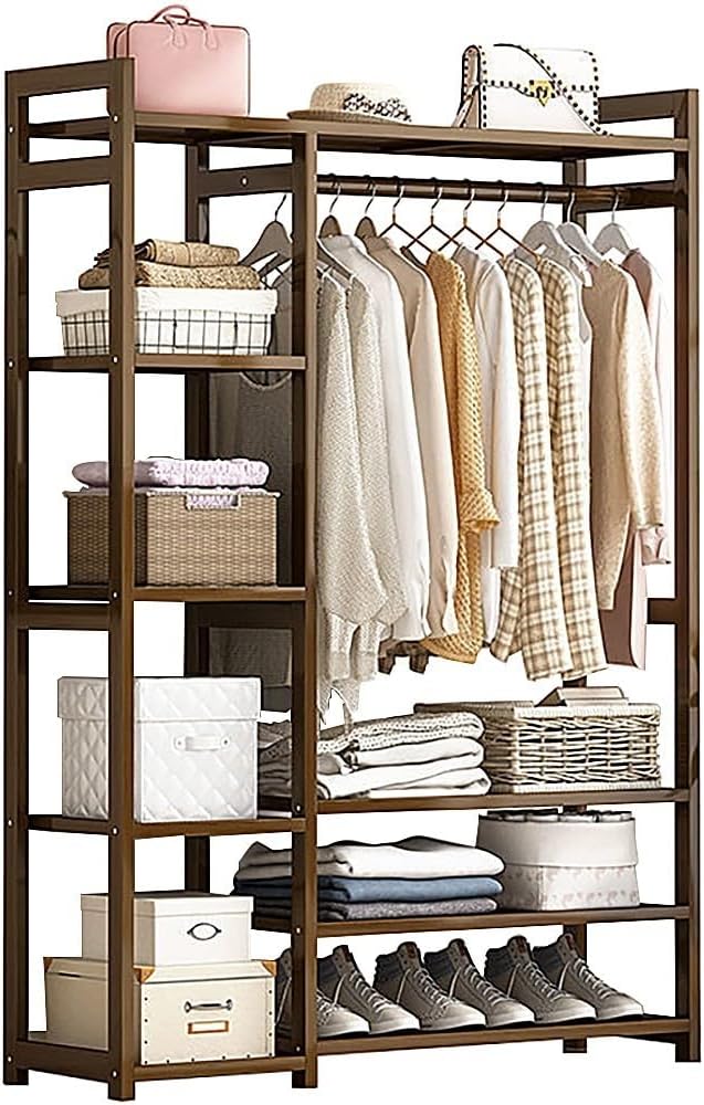 Bamboo Coat Stand with Storage Shelves Portable Freestanding Clothes Rack for Bedroom and Entryway