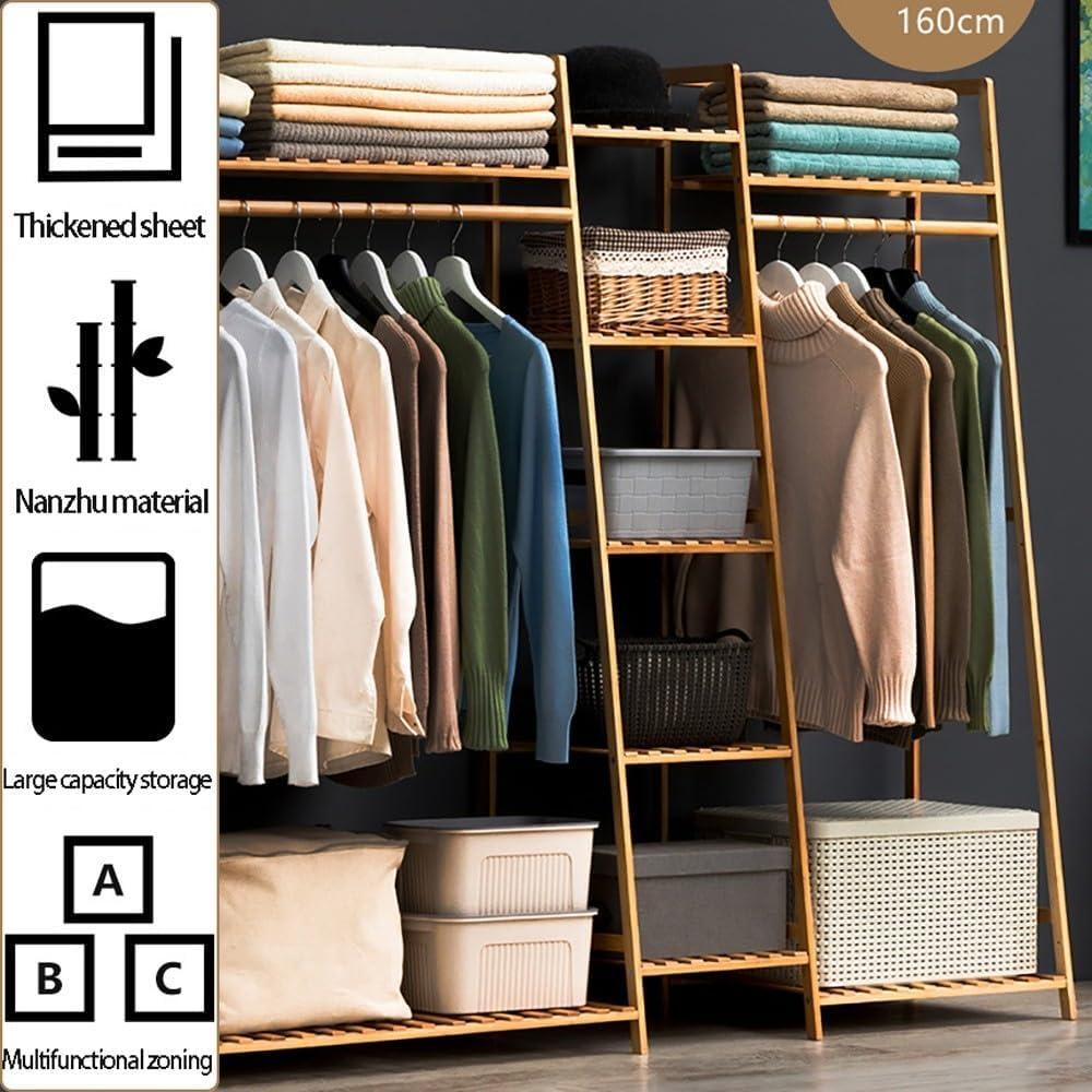 Bamboo Open Wardrobe Coat Stands Garment Rack with Shelves Clothing Hanging Rail Stylish Bamboo Coat Rack for Bedroom Storage and nization Ideal for Hanging Clothes Towels Shoes an
