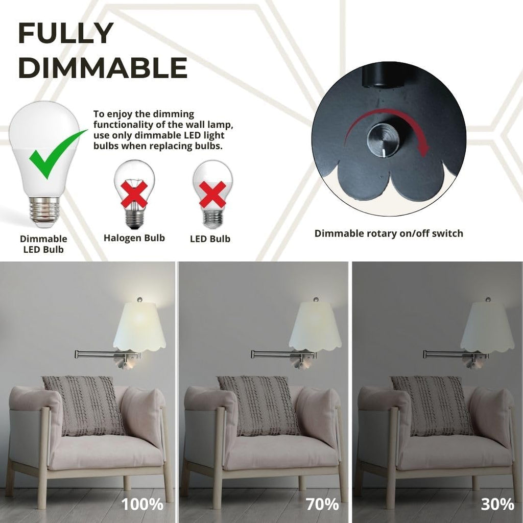 Royal Designs, Inc. Set of 2 Scalloped Swing-Arm Dimmable Wall Lamp - Black Lamp with Linen Eggshell Scallop Hardback Lampshade