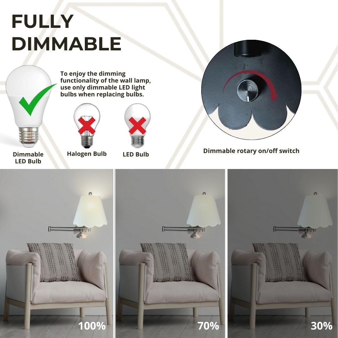 Royal Designs, Inc. Set of 2 Scalloped Swing-Arm Dimmable Wall Lamp - Black Lamp with Linen Eggshell Scallop Hardback Lampshade