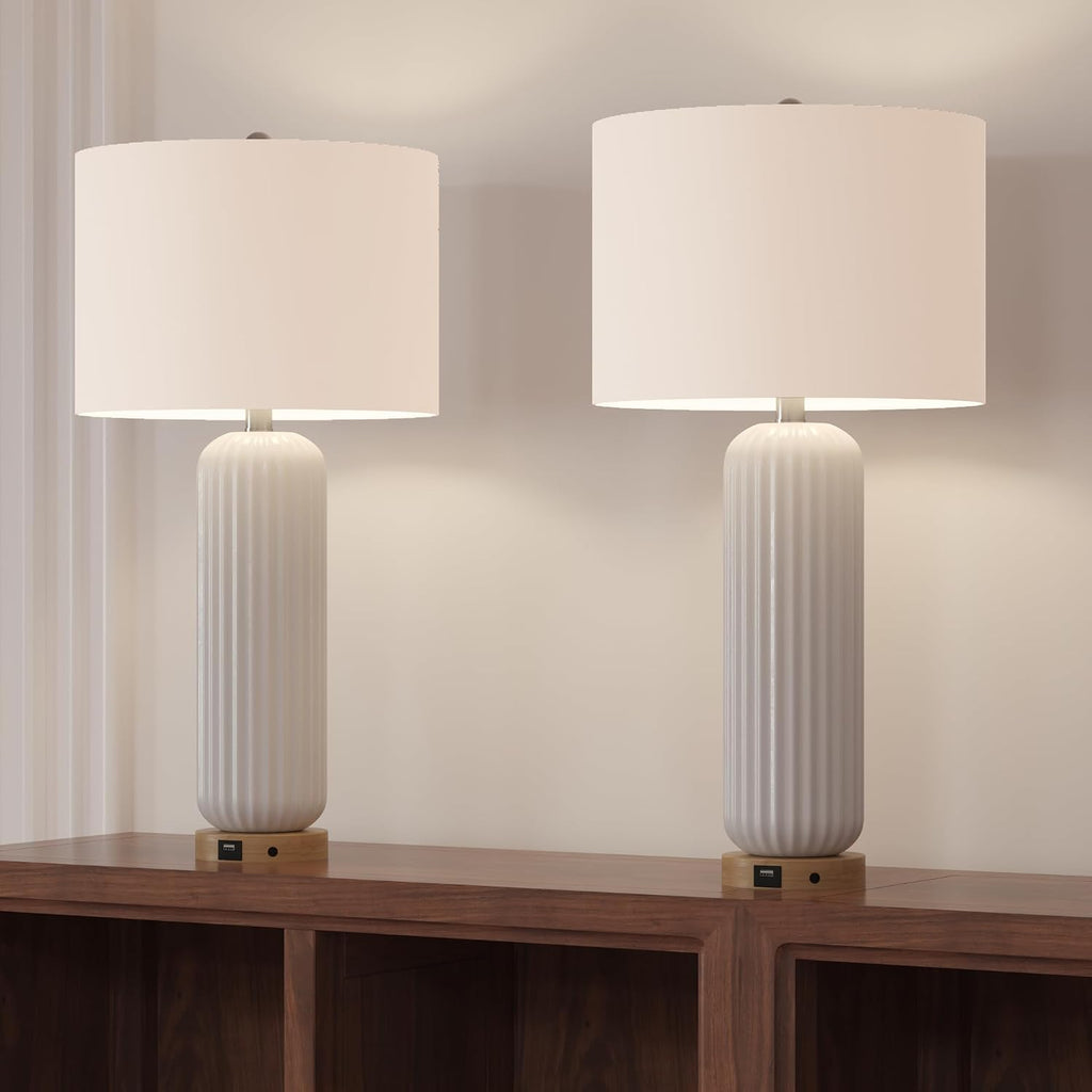 Maxax 28' Ceramic Table Lamps Set of 2, White Modern Nightstand Lamp with USB Charging Port, 3 Way Dimmable Bedside Lamp with Linen Shades for Bedroom, Living Room and Office