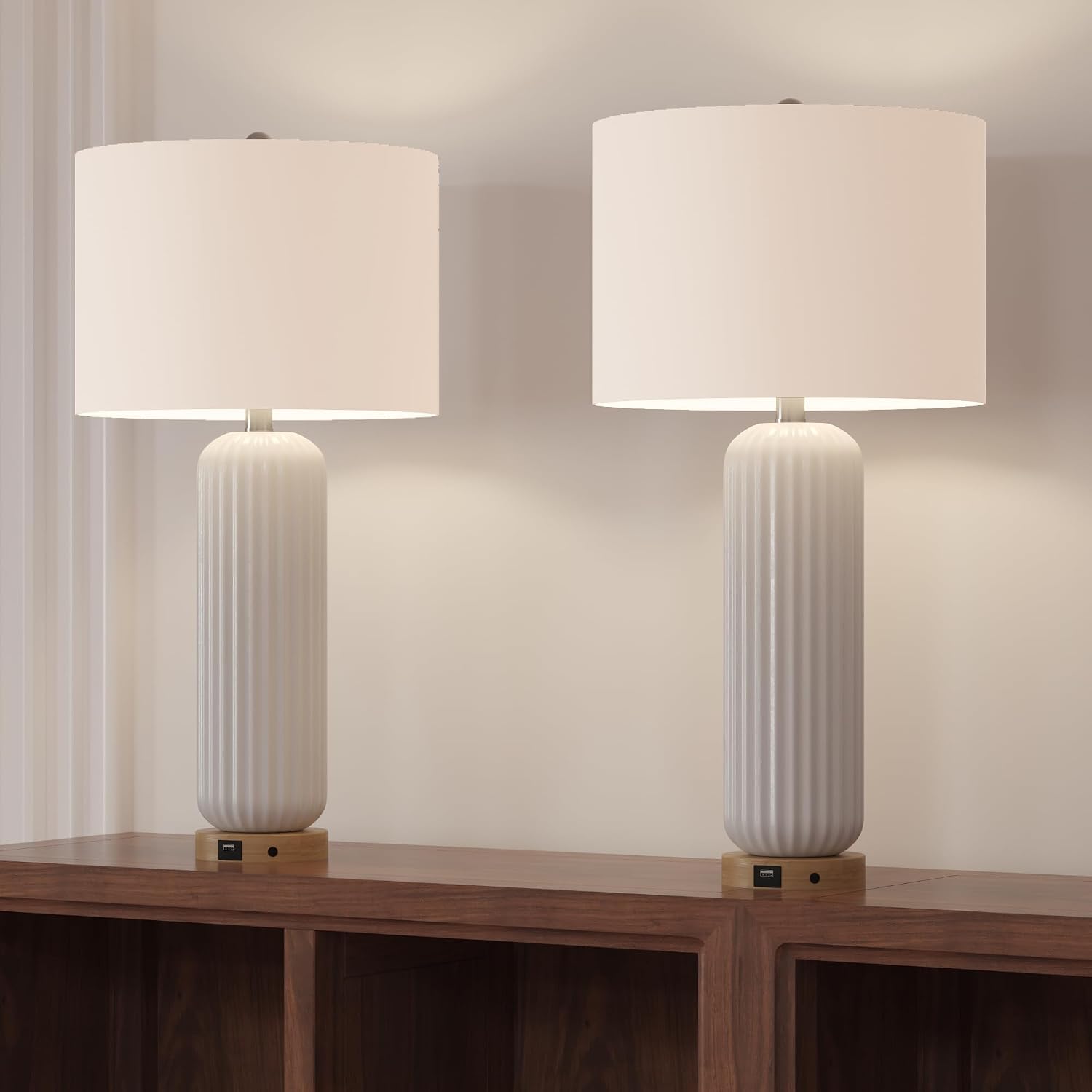 Maxax 28' Ceramic Table Lamps Set of 2, White Modern Nightstand Lamp with USB Charging Port, 3 Way Dimmable Bedside Lamp with Linen Shades for Bedroom, Living Room and Office