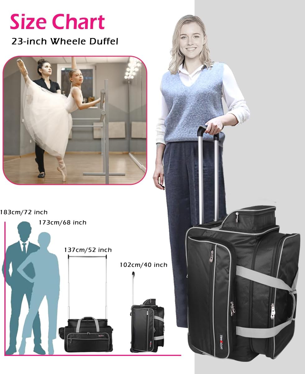 Dance Bag with Garment Rack,23inch Dance Competition Garment Bags with Clothes Rack,Suitcase,Rolling Duffle for Travel, Wheeled Drop-Bottom Upright Luggage Closet Suitcase(Expand-Grey)