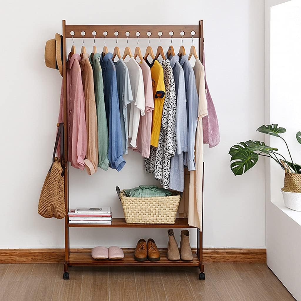 Coat Rack, Clothes Rack Bamboo Garment Rack Clothes Rail Heavy Duty Coat Racks Hanger with Top Rod and Wheels for Hanging Clothes Folding Clothes Shoes Decors