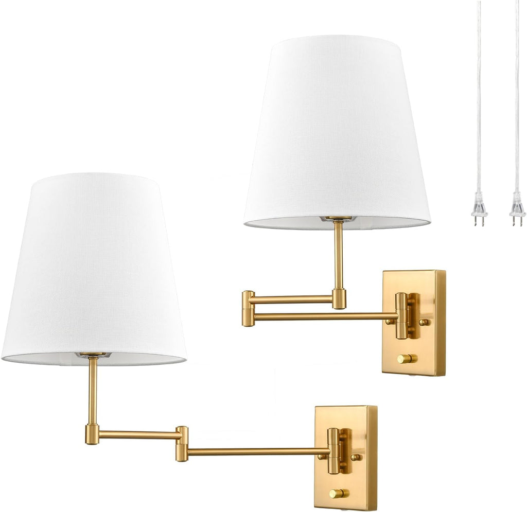 HYDELITE Gold Swing Arm Wall Lamp Brass Wall Sconces with Linen Shade | Plug-in or Hardwired Wall Light Fixtures Bedroom Bedside, House Reading, Living Room, Home Hallway, Dinning Set of 2