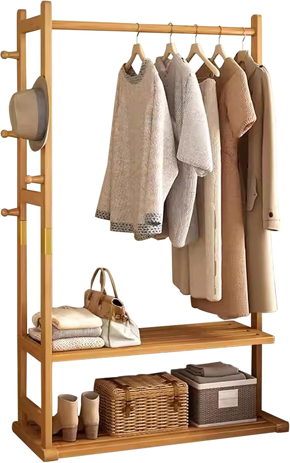 Bamboo Garment Rack with Side Hooks 2 Tier Storage Shelves Heavy Duty Clothes Display Stand Portable Wardrobe Closet Organizer for Hanging Clothes and Accessories,Wood Color-100 x 30 x 165 cm