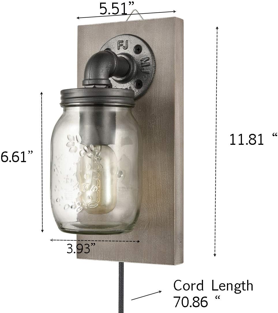 EUL Farmhouse Mason Jar Wall Sconces Hanging Wall Light, Plug-in Set of 2 2-Pack