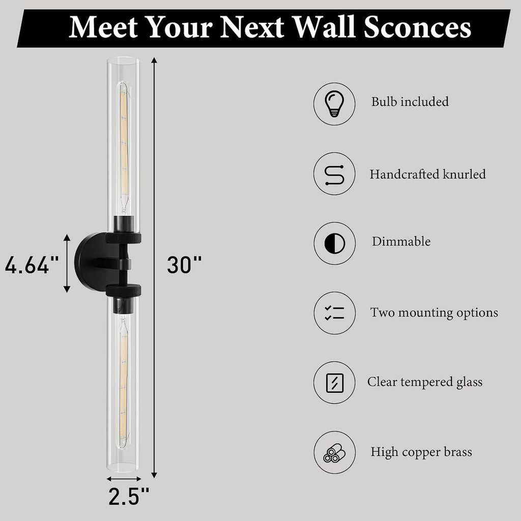 Knurled Brass Tube Wall Sconce - Luxury Modern Dimmable Sconces with Bulbs - Black Glass Vanity Light Fixture - Vertical or Horizontal Mounted Indoor Lighting for Bathroom Bedroom Living Room