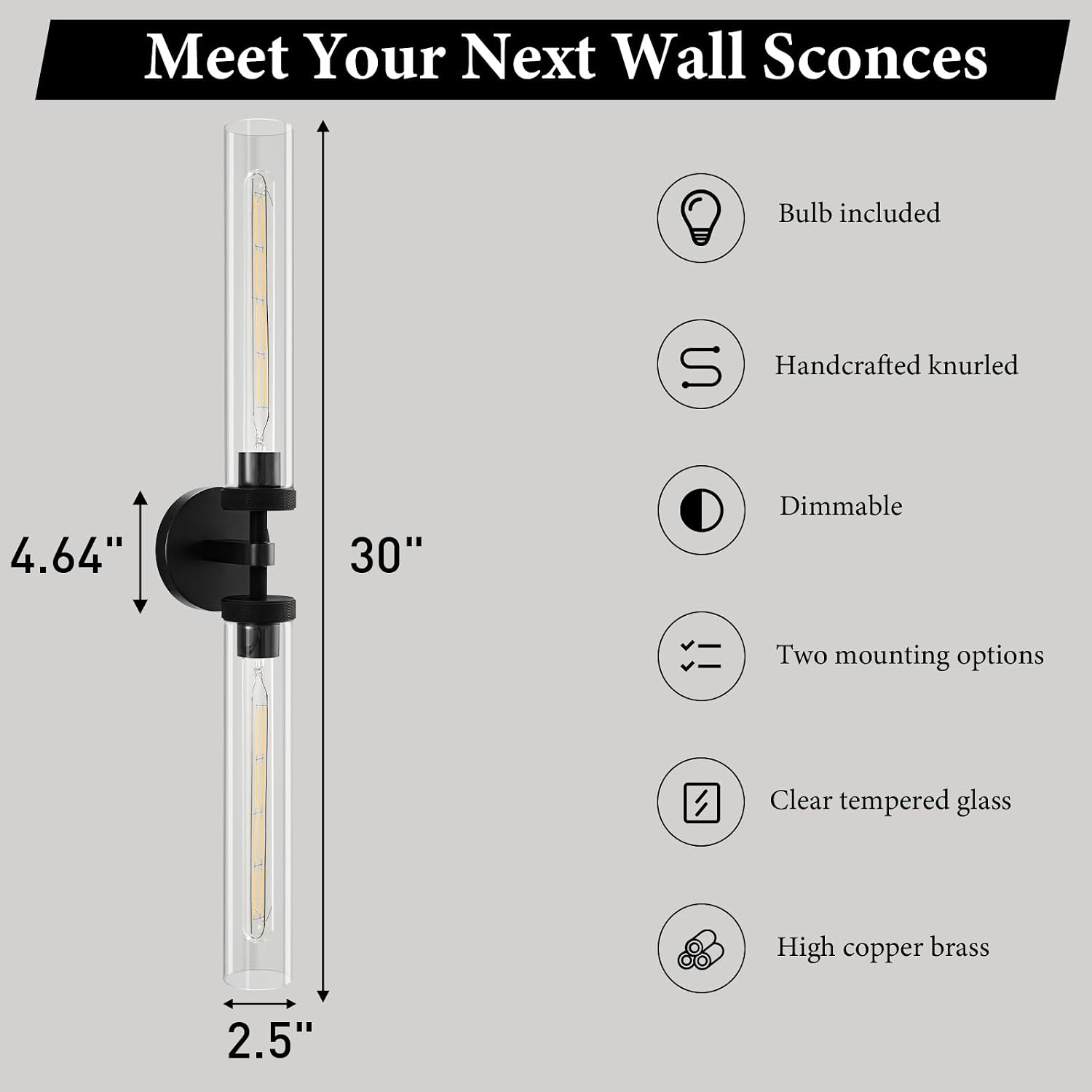 Knurled Brass Tube Wall Sconce - Luxury Modern Dimmable Sconces with Bulbs - Black Glass Vanity Light Fixture - Vertical or Horizontal Mounted Indoor Lighting for Bathroom Bedroom Living Room