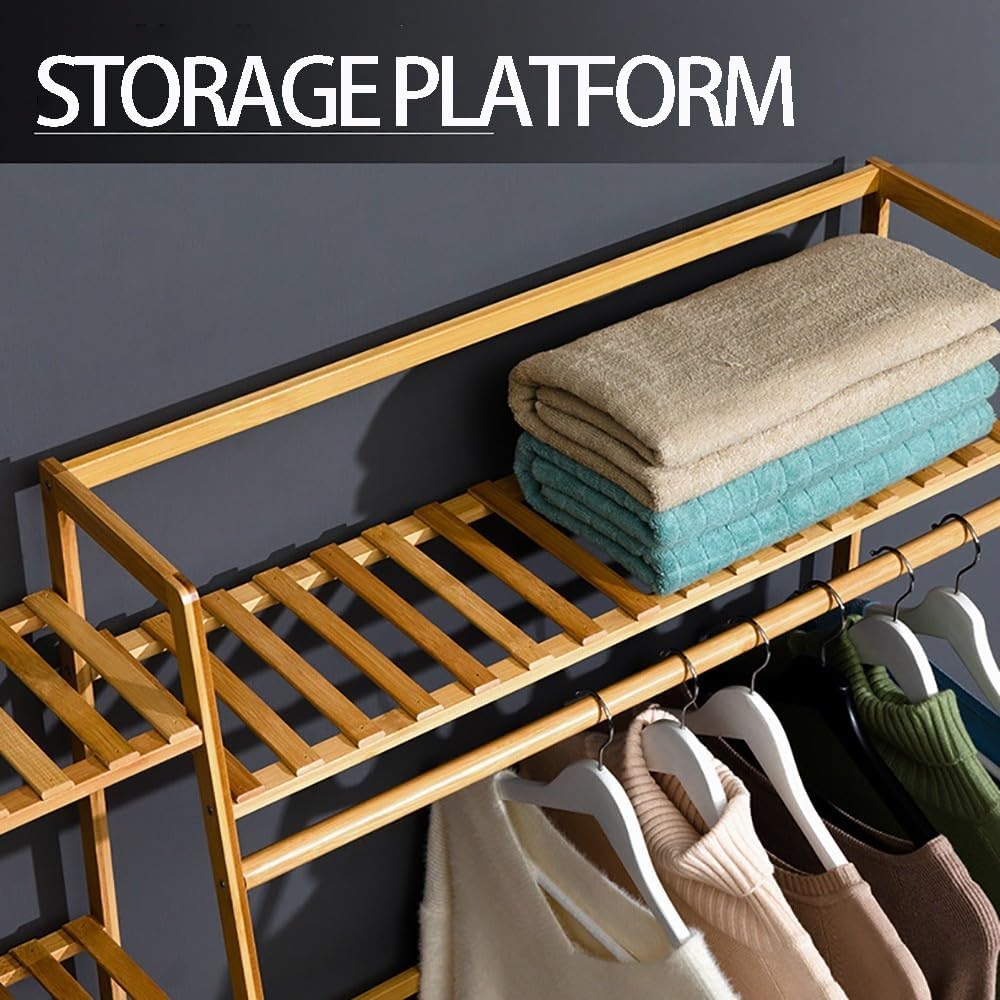 Bamboo Open Wardrobe Coat Stands Garment Rack with Shelves Clothing Hanging Rail Stylish Bamboo Coat Rack for Bedroom Storage and nization Ideal for Hanging Clothes Towels Shoes an