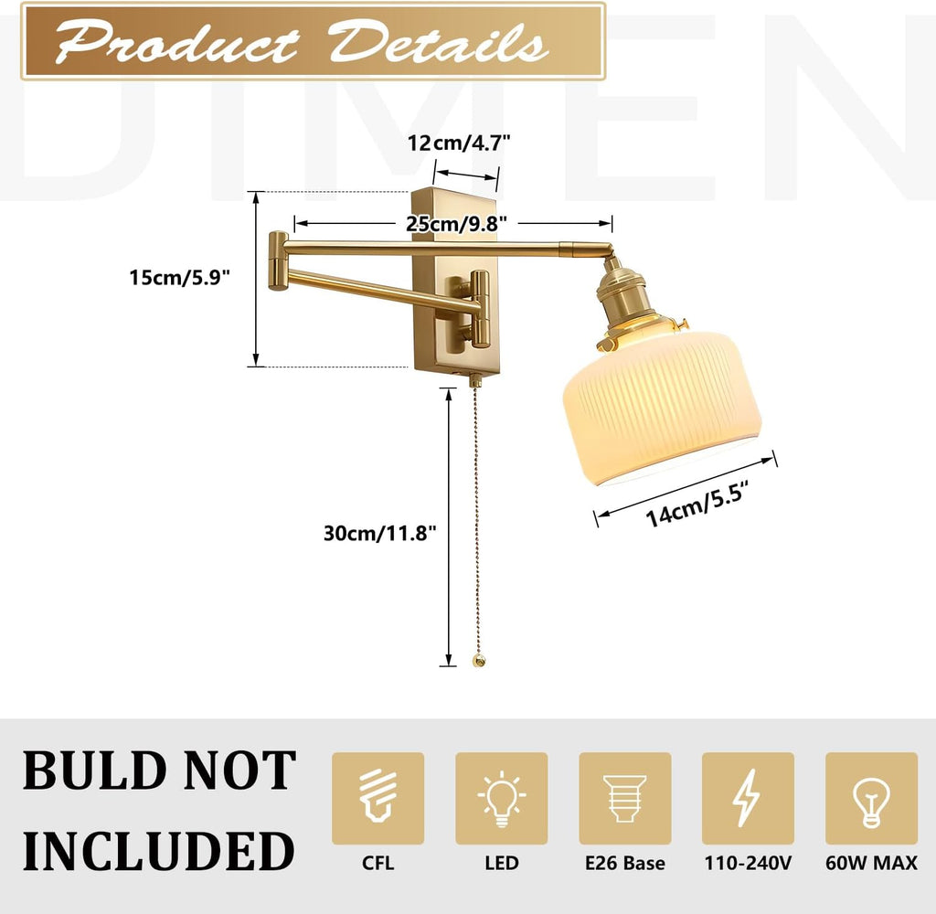 Gold Wall Sconces Set of 2 Modern Brass Swing Arm Wall Lamp with Pull Chain Milk GlassLight Fixture for Bedroom Living Room Hallway MWL14B-2