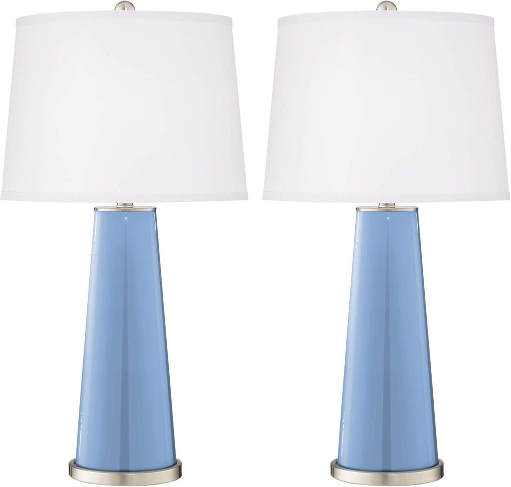 Color + Plus Leo Modern Table Lamps 29 1/2' Tall Set of 2 Placid Blue Glass Tapered Column Plain White Drum Shade Decor for Bedroom Living Room House Home Bedside Nightstand Office Family