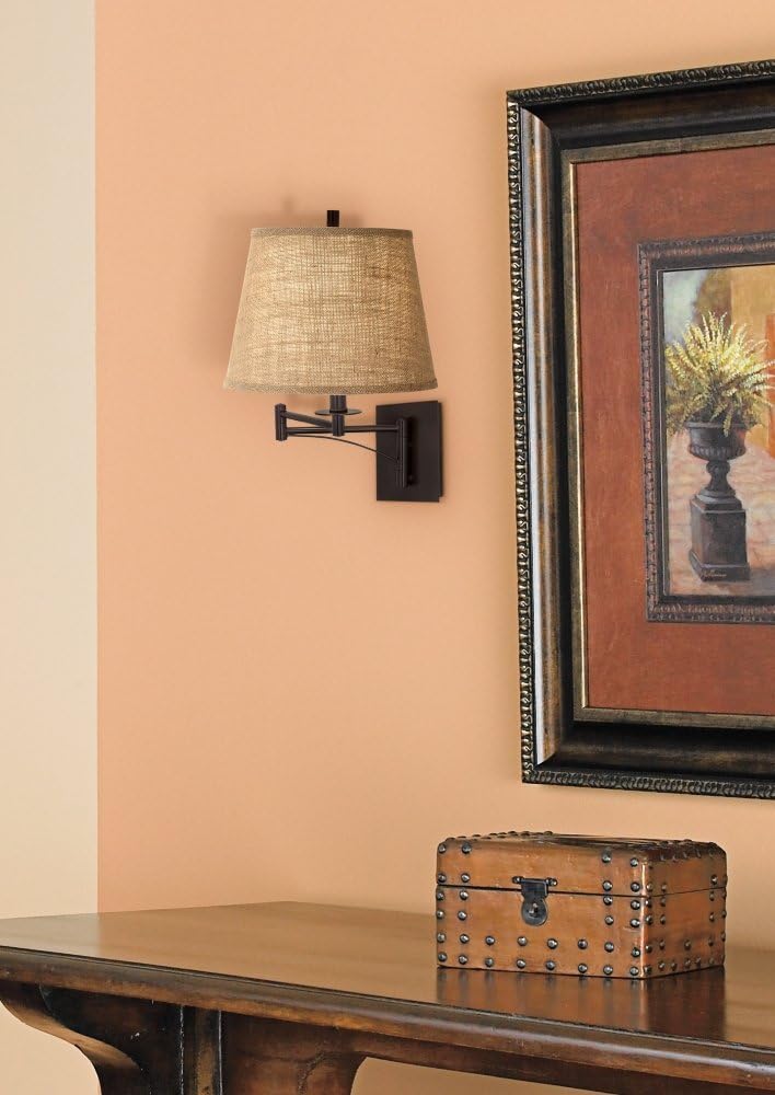 Franklin Iron Works Brinly Farmhouse Rustic Swing Arm Wall Lamp Matte Brown Metal Plug-in 12' Fixture Burlap Hardback Drum Shade for Cottage Core Bedroom Bedside Living Room Hallway Dining House