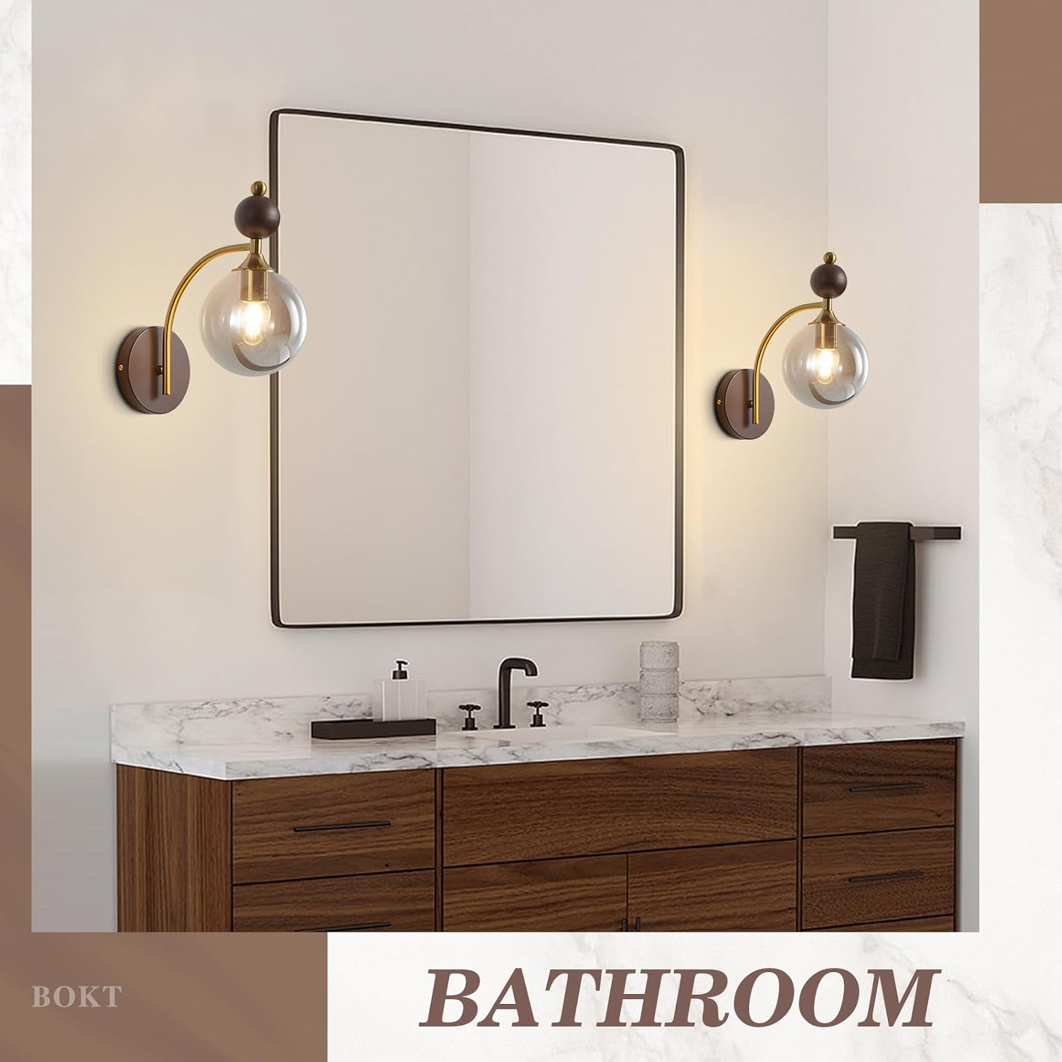 BOKT Modern Glass Globe Wall Sconce with 5.9' Smoke Grey Round Lampshade Small Wall Sconces Set of Two Farmhouse Wall Mounted Sconce Light Vintage Wooden Wall Lights for Bedroom Bathroom