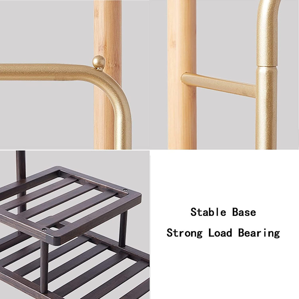 Double Rod Coat Rack Bamboo Coat Stand with Storage Basket Coat Tree Freestanding Clothes Garment Rack for Hanging Clothes