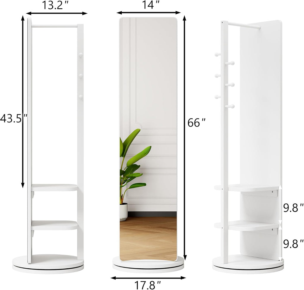 CHANCEE 360° Rotating Mirror Coat Rack, Solid Wood Standing Mirror with Storage Hooks and Shelves, Space-Saving Multifunctional Organizer for Bedroom, Living Room, or Cloakroom (White)