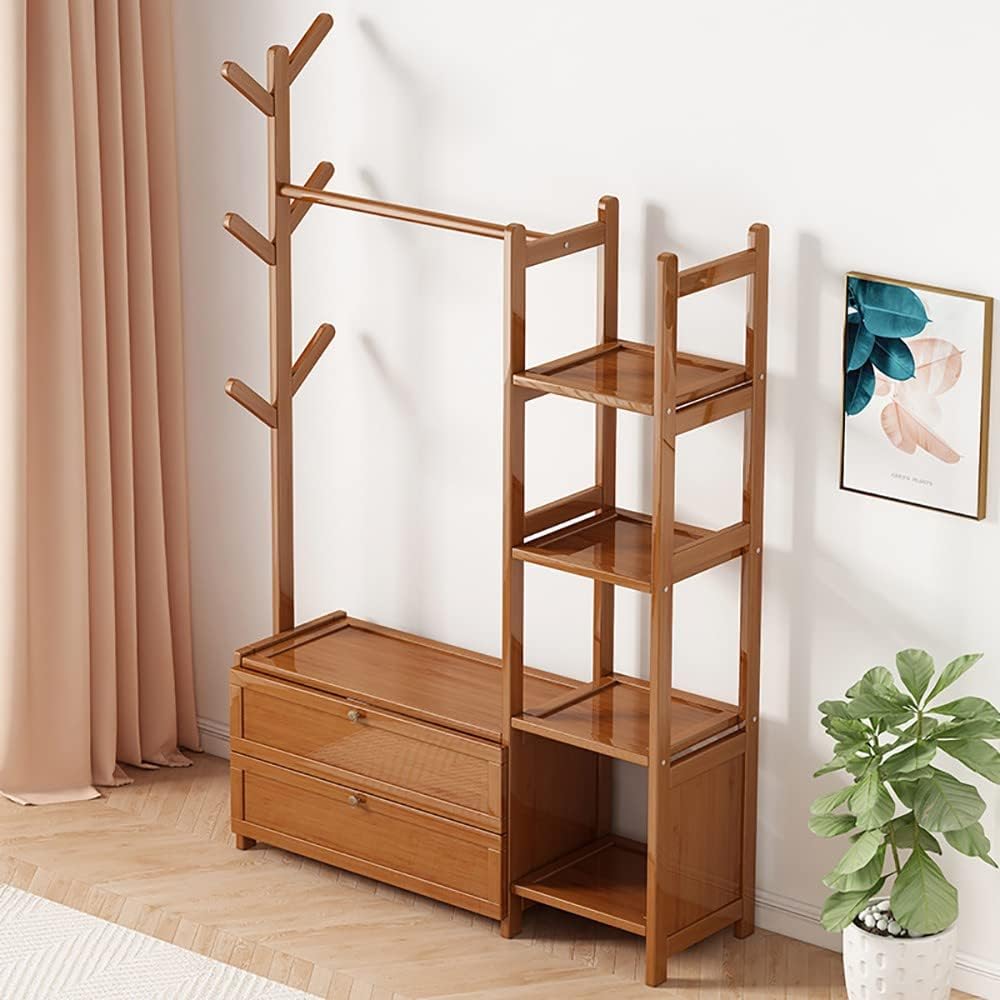 Bamboo Coat Rack with Shelves and Garment Rail Freestanding Clothing Rack for Bedroom Hallway Living Room Hanging Clothes nizer and Storage Shelf
